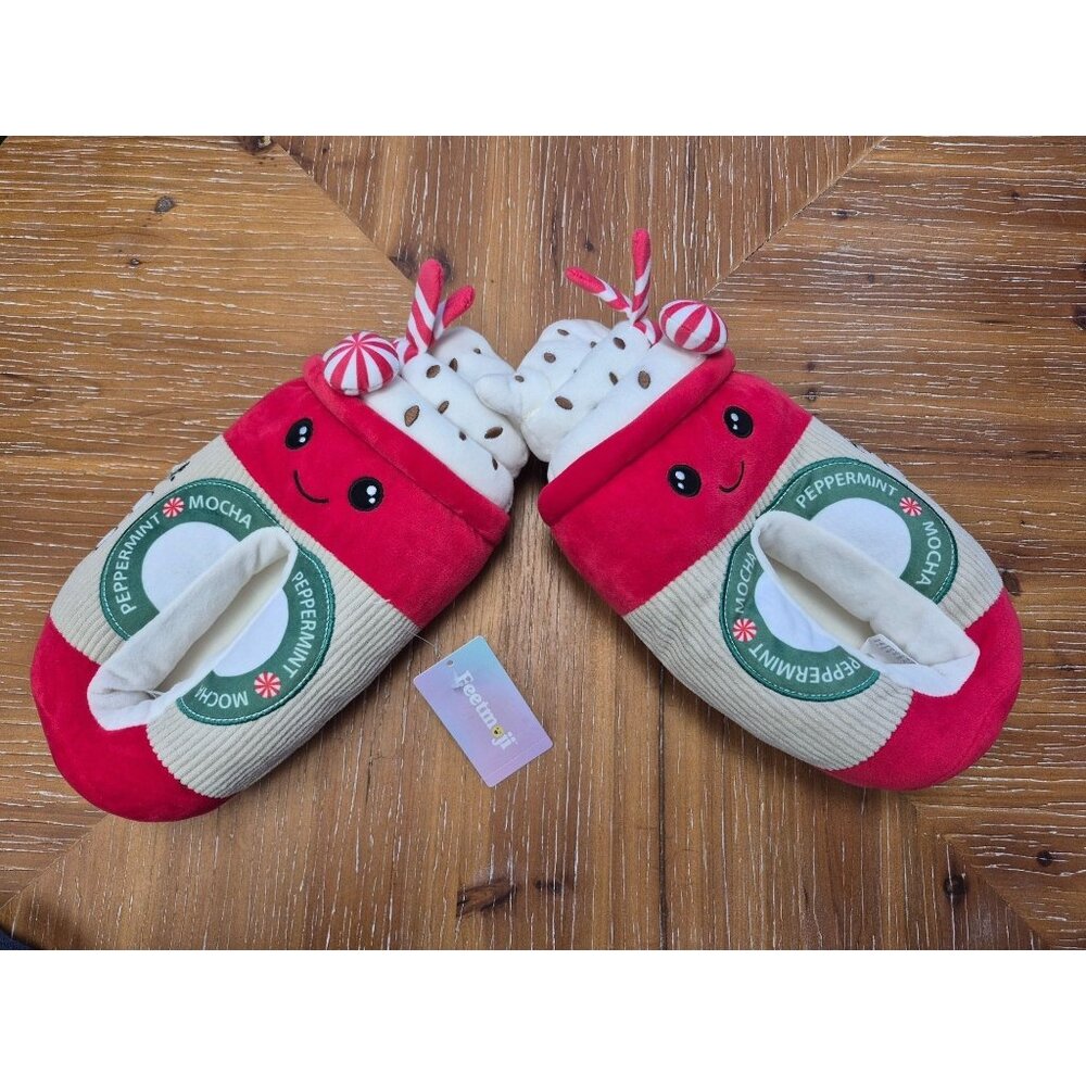 Feetmoji Peppermint Mocha Plush Slippers With Candy Cane Accents Size 7-8 Red &